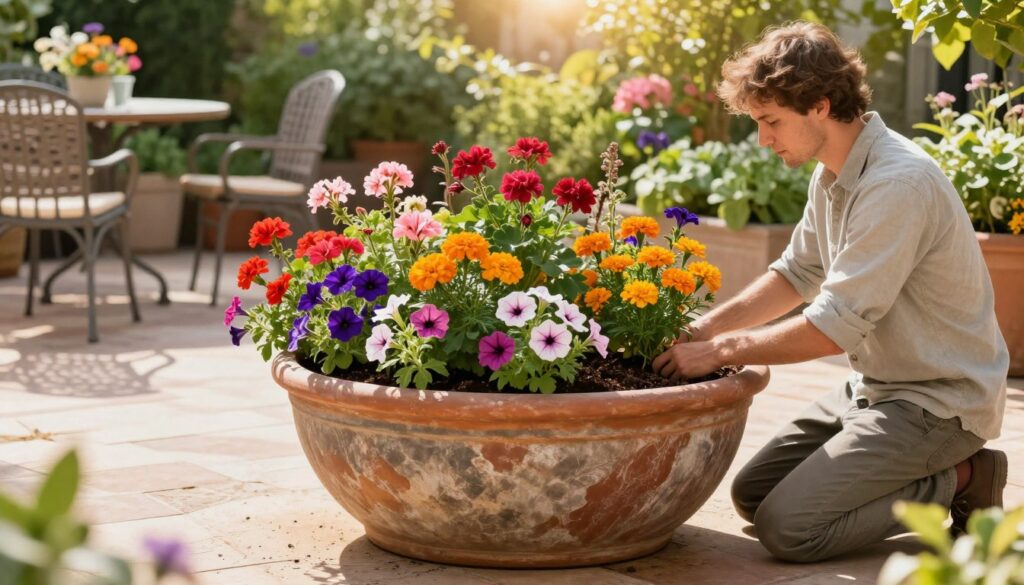 A vibrant terrace scene featuring an elegant, oversized planter being prepared for planting colorful seasonal flowers. In the foreground, a gardener, dressed in modest casual clothing, kneels beside the large, textured ceramic pot filled with rich soil. The middle ground is filled with an assortment of blooming plants, such as petunias, geraniums, and marigolds, showcasing a harmonious blend of colors. In the background, a sunny terrace is adorned with lush greenery and decorative garden furniture, conveying a sense of warmth and tranquility. Soft, golden sunlight filters through the leaves, casting gentle shadows, while the overall atmosphere is cheerful and inviting, perfect for a summer day spent tending to a beautiful garden.