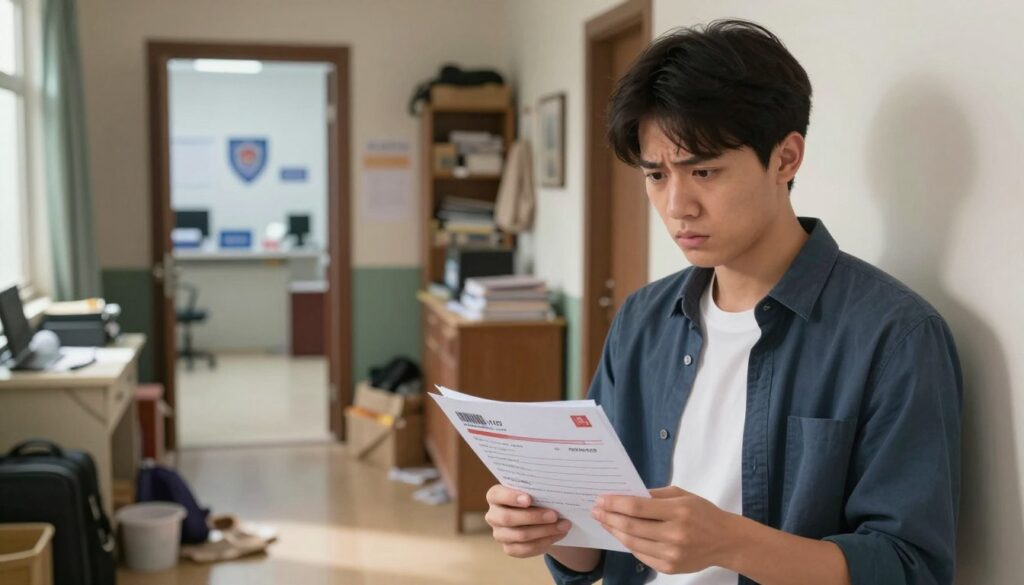 A visually striking illustration depicting the consequences of living without formal residence registration. In the foreground, a worried young adult dressed in smart casual attire, holding a stack of unanswered letters and bills. In the middle ground, a cozy yet chaotic shared living space, cluttered with personal belongings, reflecting the daily challenges of unregistered residents. In the background, a partially open door revealing a local authority office or a cityscape, symbolizing the official aspects of registration. Soft, natural lighting filters through a window, enhancing the mood of uncertainty and concern. The angle is slightly tilted to emphasize the tension in the scene, creating an atmosphere of unease and contemplation about the implications of living without registration. A visually striking illustration depicting the consequences of living without formal residence registration. In the foreground, a worried young adult dressed in smart casual attire, holding a stack of unanswered letters and bills. In the middle ground, a cozy yet chaotic shared living space, cluttered with personal belongings, reflecting the daily challenges of unregistered residents. In the background, a partially open door revealing a local authority office or a cityscape, symbolizing the official aspects of registration. Soft, natural lighting filters through a window, enhancing the mood of uncertainty and concern. The angle is slightly tilted to emphasize the tension in the scene, creating an atmosphere of unease and contemplation about the implications of living without registration.