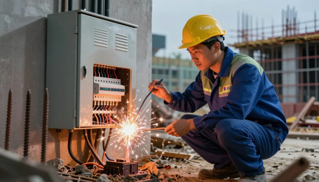 A visually striking illustration depicting the dangers of improper grounding integration. In the foreground, showcase a damaged electrical panel sparking, with visible wires exposed, symbolizing electrical hazards. In the middle ground, include a technician in professional attire inspecting the grounding system, highlighting proper safety protocols. The background should feature a construction site with contrasting well-integrated grounding rods and erratic configurations, emphasizing the risks of poor integration. Use dramatic lighting to create shadows that accentuate tension and highlight the technician's focused expression. Capture the scene from a slightly low angle to enhance the sense of urgency and importance. The mood should convey caution and professionalism, warning against the perilous outcomes of inadequate grounding practices.