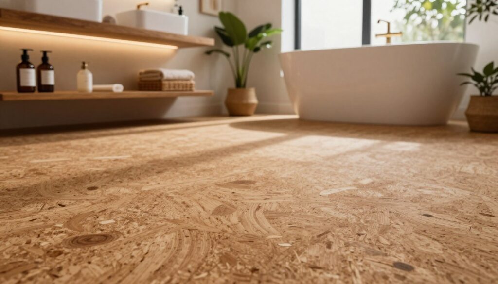 A warm, inviting bathroom featuring a cork floor, emphasizing its natural thermal insulation properties. In the foreground, the cork floor's rich texture is highlighted, showcasing its organic patterns and earthy tones. Midground includes elegant wooden shelves with neatly arranged toiletries, complemented by soft, ambient lighting that bathes the scene in a cozy glow. The background features a modern bathtub with a large window allowing natural light to filter in, casting gentle shadows across the floor. Include a few potted green plants to enhance the refreshing atmosphere. The overall mood is serene and eco-friendly, evoking comfort and tranquility.
