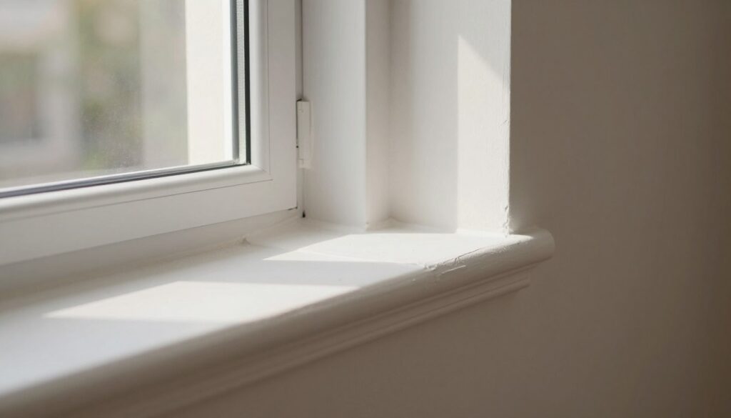 A well-finished interior window corner showcasing meticulous plasterwork. In the foreground, a freshly plastered window reveal displays smooth, clean lines and an immaculate finish, with subtle texture highlighting the craftsmanship. In the middle, the window frame is white and modern, reflecting natural daylight streaming in, illuminating the room. The background features a minimalist interior with neutral-colored walls, enhancing the focus on the window detail. Soft shadows create depth, while warm light gives an inviting atmosphere. The angle is slightly tilted upwards to emphasize the height and elegance of the space, evoking a sense of professionalism and attention to detail in home improvement.