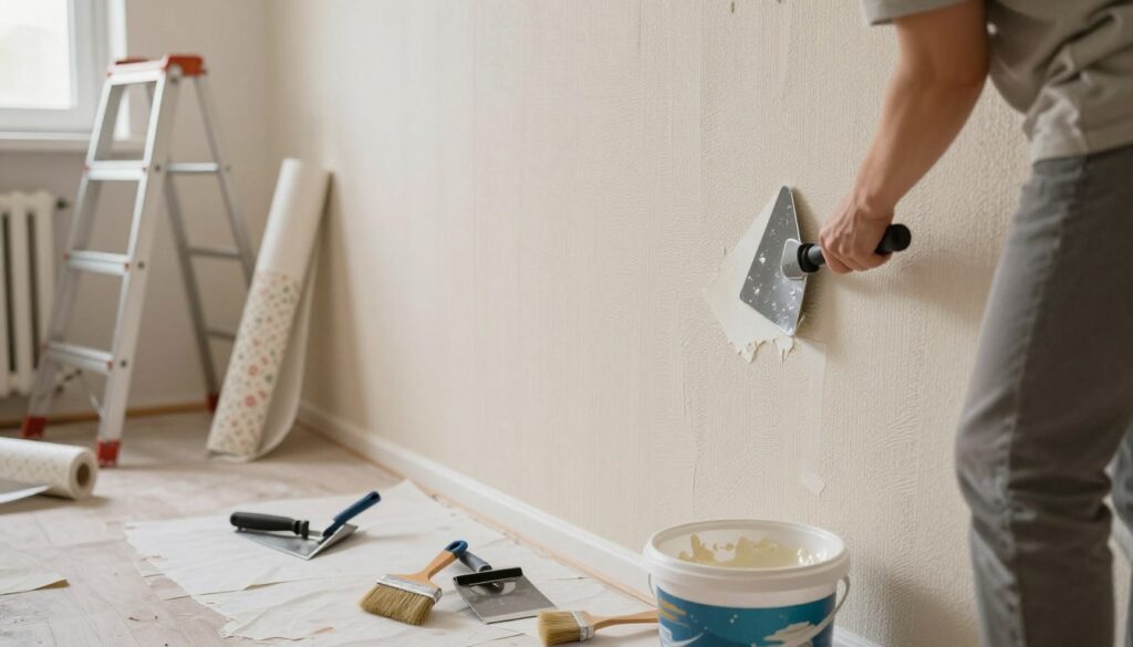 A well-lit interior scene focusing on the preparation of a wall for wallpapering. In the foreground, a person in modest casual clothing is scraping away old wallpaper, revealing a textured, slightly uneven wall surface underneath. Various tools are scattered around, including a wallpaper scraper, a brush, and a bucket of adhesive mix. In the middle ground, partially ripped wallpaper hangs down, providing a contrast of patterns and colors, while a roll of new wallpaper is neatly placed to one side. The background shows a soft-lit room with a ladder and a window allowing gentle, natural light to illuminate the space, creating a calm and focused atmosphere. The angle captures a slightly elevated view, giving context to the extensive preparation involved in wallpapering. A well-lit interior scene focusing on the preparation of a wall for wallpapering. In the foreground, a person in modest casual clothing is scraping away old wallpaper, revealing a textured, slightly uneven wall surface underneath. Various tools are scattered around, including a wallpaper scraper, a brush, and a bucket of adhesive mix. In the middle ground, partially ripped wallpaper hangs down, providing a contrast of patterns and colors, while a roll of new wallpaper is neatly placed to one side. The background shows a soft-lit room with a ladder and a window allowing gentle, natural light to illuminate the space, creating a calm and focused atmosphere. The angle captures a slightly elevated view, giving context to the extensive preparation involved in wallpapering.
