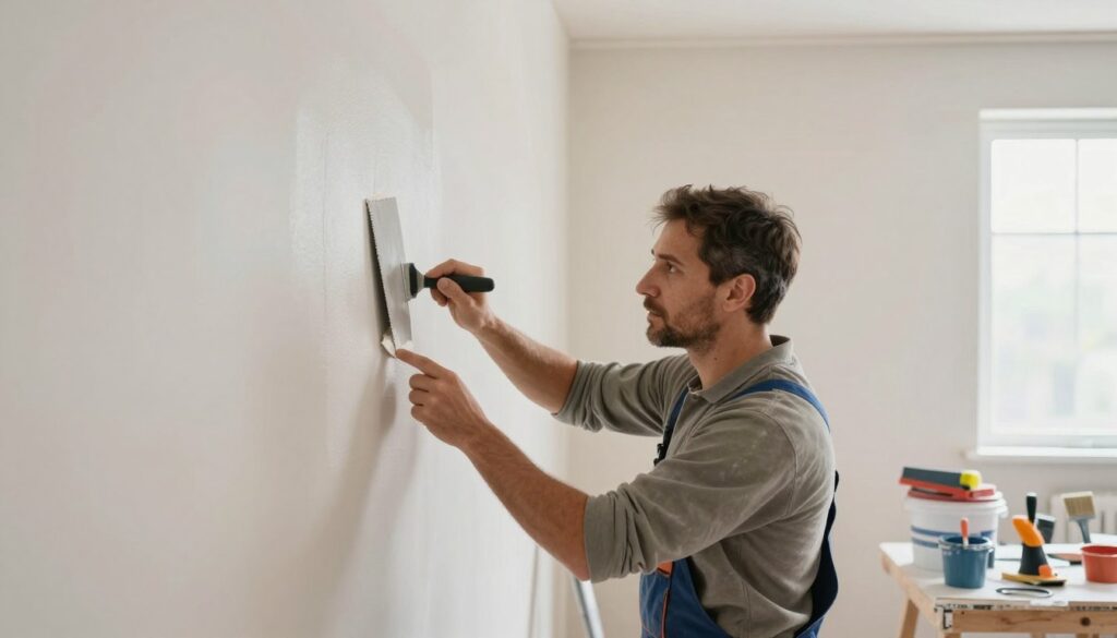 A well-lit interior space focused on preparing a wall surface for painting. In the foreground, a professional contractor in modest casual clothing is smoothing out a wall with a putty knife, carefully applying a layer of joint compound. In the middle ground, tools like sanders, brushes, and buckets of paint are neatly arranged, indicating a preparatory phase. The background shows a fresh coat of primer on another wall with the texture of the wall clearly visible. Soft, natural light streams in from a window, creating an inviting atmosphere. The image conveys a sense of professionalism and diligence in home improvement, highlighting the importance of thorough surface preparation before painting.