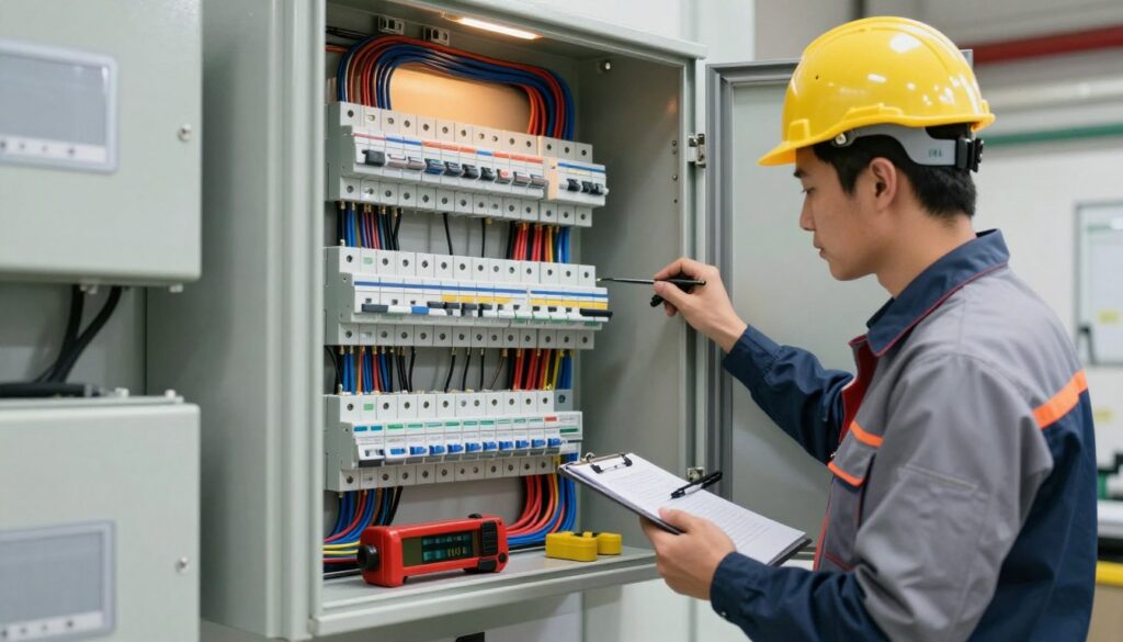 A well-organized electrical installation room, showcasing a professional electrician examining a complex set of wires and circuit breakers. In the foreground, a skilled electrician in a safety helmet and professional attire is analyzing a circuit panel, making notes on a clipboard. The middle ground features neatly organized tools, colorful wires, and labels clearly indicating different circuits. In the background, a subtle glow of warm light highlights the importance of safety in electrical work. The setting is clean and well-lit, emphasizing professionalism and caution. The mood conveys a sense of urgency and expertise, focusing on the critical nature of electrical safety and the necessity of hiring a qualified electrician. The angle captures the wide view of the installation space for contextual depth. A well-organized electrical installation room, showcasing a professional electrician examining a complex set of wires and circuit breakers. In the foreground, a skilled electrician in a safety helmet and professional attire is analyzing a circuit panel, making notes on a clipboard. The middle ground features neatly organized tools, colorful wires, and labels clearly indicating different circuits. In the background, a subtle glow of warm light highlights the importance of safety in electrical work. The setting is clean and well-lit, emphasizing professionalism and caution. The mood conveys a sense of urgency and expertise, focusing on the critical nature of electrical safety and the necessity of hiring a qualified electrician. The angle captures the wide view of the installation space for contextual depth.