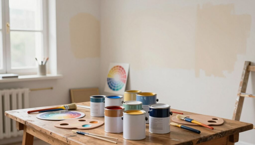 A well-organized interior scene displaying common mistakes when lightening wall paint. In the foreground, a neatly arranged painter's workspace includes various paint cans with different shades, a color mixing palette, and brushes. The middle layer features a rustic wooden table cluttered with tools, a small color wheel, and a half-finished wall with mismatched patches of lightened paint, showing the result of incorrect mixing techniques. In the background, a well-lit room with natural light streaming through a large window highlights the subtle variations in wall color. Emphasize a practical and educational atmosphere, with warm, inviting colors to make the space feel approachable. Use a slightly angled perspective to draw the viewer’s eye into the scene, conveying a sense of urgency and importance in getting the mixing right.
