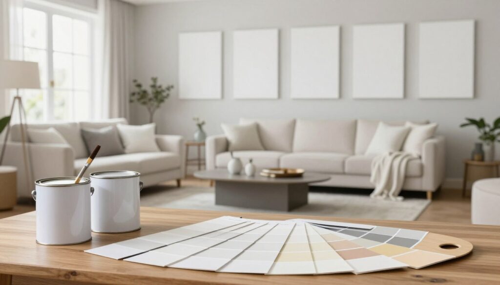 A well-organized interior scene showcasing various shades of white paint swatches against a stylish living room wall, demonstrating the selection process for choosing the perfect white for different spaces. In the foreground, a wooden table displays paint cans and brushes, alongside a color palette featuring a range of white shades, from cool to warm tones. In the middle ground, a carefully arranged living room with elegant furniture, such as a soft sofa, contemporary coffee table, and tasteful decor, fills the space with a light, inviting atmosphere. The background features a large window allowing natural light to stream in, creating a cheerful ambiance. The overall mood is serene and sophisticated, embodying a modern design aesthetic with soft shadows and a gentle focus.