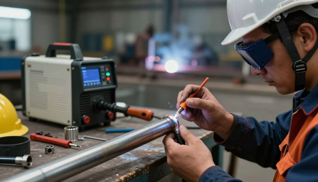 An industrial scene focusing on common mistakes in polypropylene (PP) pipe welding. In the foreground, a close-up of a technician in a hard hat and safety goggles, examining a poorly welded joint, with clear signs of misalignment and excess weld material. In the middle ground, a workbench cluttered with tools, including a welding machine, pipe fittings, and safety equipment, subtly highlighting improper techniques. In the background, a blurred welding area with dim industrial lighting, creating a slightly tense atmosphere, emphasizing the importance of precision in welding. The image should capture a realistic and educational vibe, showcasing the critical nature of correct welding methods to prevent leaks.
