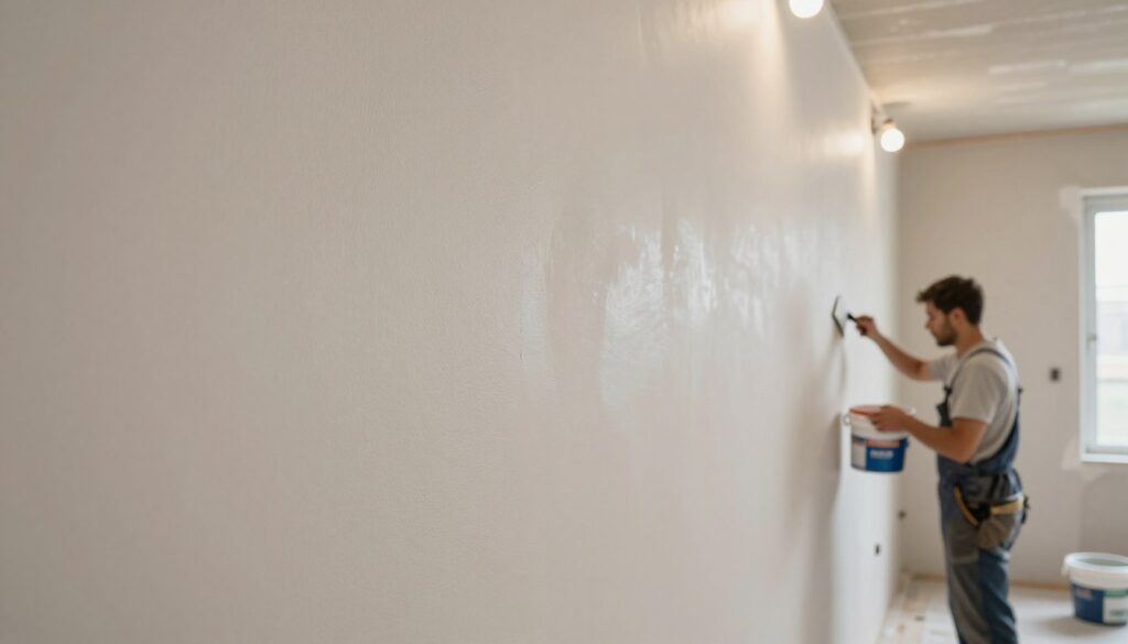 An interior scene of a newly constructed room, focusing on a smooth gypsum plaster wall before the application of a finishing coat. The foreground features a close-up of the wall surface, showcasing its texture and slight imperfections. In the middle ground, a professional contractor in modest casual clothing is preparing tools and materials for the job, including a bucket of primer and a spatula. The background shows well-lit work lights casting a soft glow, enhancing the warm, inviting atmosphere of a renovation project. The angle is slightly elevated to capture both the wall and the contractor in action, providing a sense of professionalism and readiness. An interior scene of a newly constructed room, focusing on a smooth gypsum plaster wall before the application of a finishing coat. The foreground features a close-up of the wall surface, showcasing its texture and slight imperfections. In the middle ground, a professional contractor in modest casual clothing is preparing tools and materials for the job, including a bucket of primer and a spatula. The background shows well-lit work lights casting a soft glow, enhancing the warm, inviting atmosphere of a renovation project. The angle is slightly elevated to capture both the wall and the contractor in action, providing a sense of professionalism and readiness.