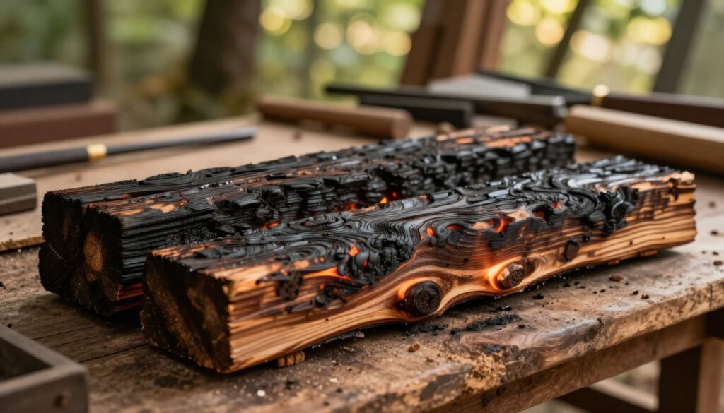 Old, beautifully charred wooden planks stacked neatly, showcasing the rich textures and deep hues achieved through the wood-burning process. In the foreground, a close-up view highlights the intricate patterns created by the flames, emphasizing their natural aging and protective effects. The middle ground features a rustic workshop setup with tools and grainy wood surfaces, capturing the artisanal nature of the process. In the background, a soft focus on green trees filters warm sunlight, enhancing the organic atmosphere. The lighting is warm and inviting, creating a nostalgic and timeless mood. A shallow depth of field draws attention to the details of the burned wood while keeping the surrounding elements comfortably blurred for clarity.