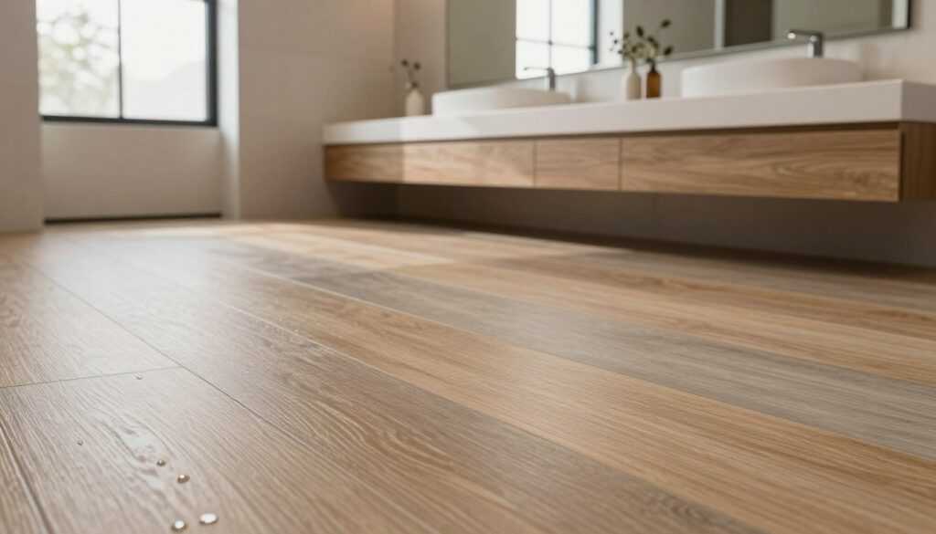 Vinyl flooring panels in a modern bathroom setting, showcasing a sleek design in warm tones of light brown and soft gray. In the foreground, focus on the texture of the vinyl panels, highlighting their waterproof characteristics with subtle water droplets. In the middle, display a stylish bathroom vanity with minimalistic decor, complementing the vinyl flooring. The background includes a large mirror that reflects natural light streaming in from a nearby window, creating an inviting atmosphere. Soft, diffused lighting enhances the warm colors and textures, adding a cozy feel to the space. The camera angle should be slightly elevated, capturing both the flooring and the overall ambiance of the bathroom.