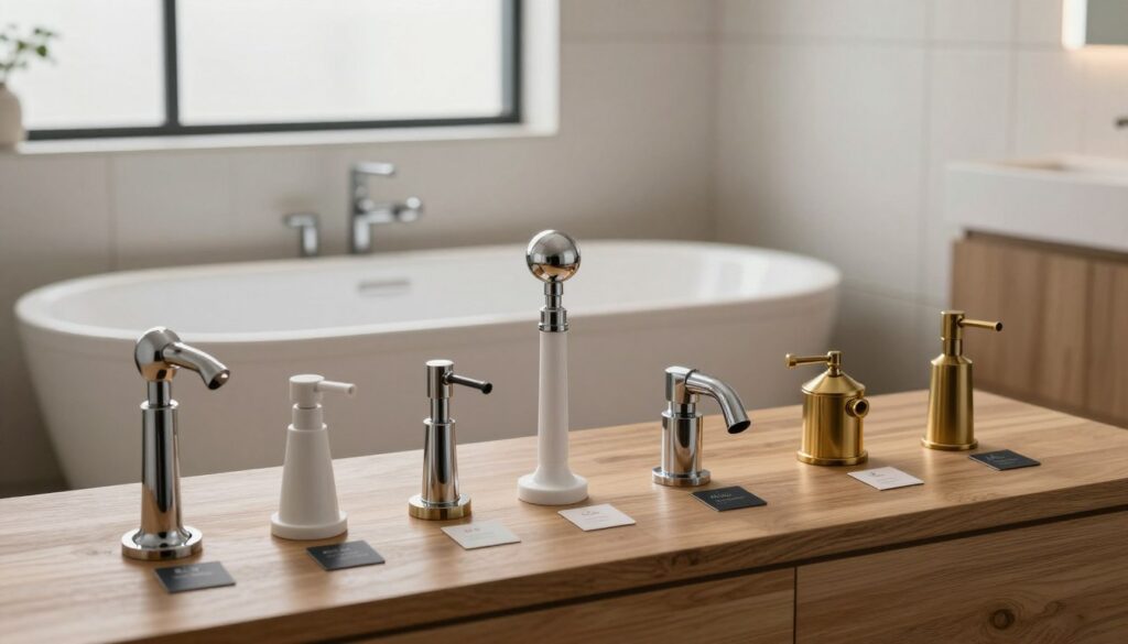 A beautifully arranged bathroom scene featuring a selection of bath siphons prominently displayed on a wooden countertop. In the foreground, various siphon designs and materials such as chrome, plastic, and brass are artistically laid out, each labeled with stylish tags. The middle ground showcases a modern bathtub installed against a clean tiled wall, emphasizing usability and aesthetic harmony. In the background, soft, ambient lighting filters through frosted glass windows, creating a calming atmosphere. The angle is slightly elevated, providing a comprehensive view that highlights the siphons while maintaining the elegance of the overall bathroom design. The color palette is neutral with touches of earthy tones, evoking a serene, professional setting.