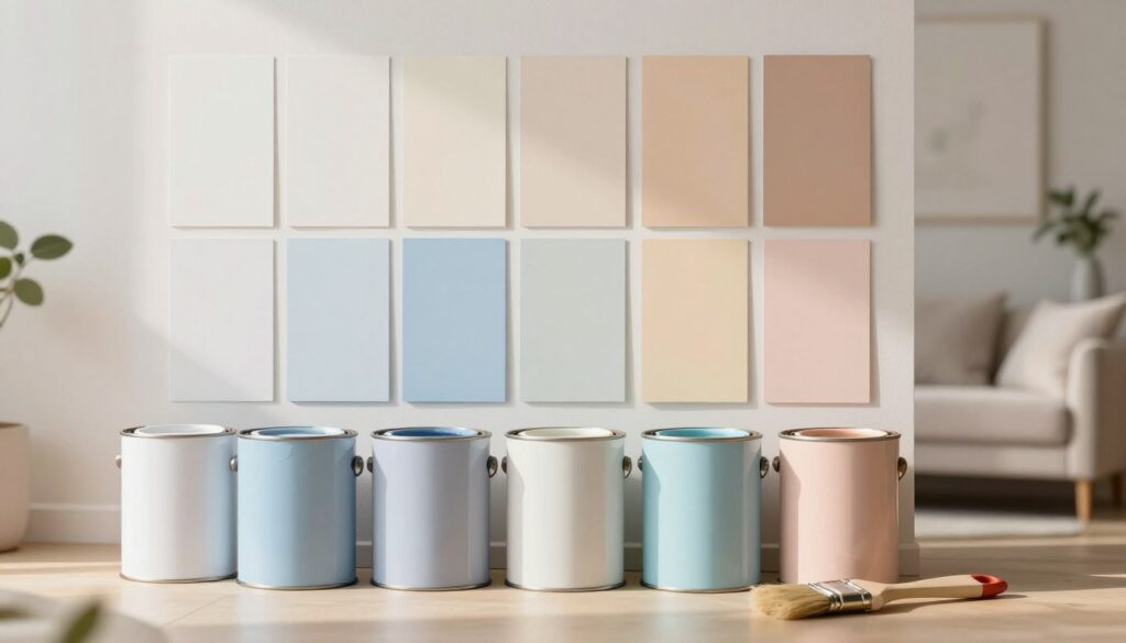 A beautifully arranged display of various ceiling paint samples, showcasing an array of colors and textures. In the foreground, paint cans in vibrant shades like soft white, pale blue, and warm pastel hues are open, with a paintbrush resting beside them. The middle ground features swatches of ceiling paint affixed to a wall, blending cleanly to demonstrate their finish under different lighting. The background is softly blurred, suggesting a well-lit modern living room, with a plush sofa and minimalistic decor that enhances the colors of the paint samples. The overall atmosphere is inviting and serene, with natural light streaming in, creating a warm and calming mood.