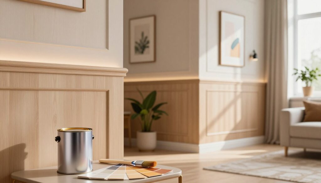 A beautifully arranged indoor scene showcasing elegant, freshly painted wooden paneling, known as boazerii, in a stylish living room. In the foreground, a shiny paint can and brushes sit on a small table, next to swatches of warm, inviting colors. In the middle ground, the boazerii walls, adorned with soft lighting, reflect a modern aesthetic while retaining classic charm. Delicate accent decor pieces like potted plants and tasteful art hang harmoniously among the panels. The background features a soft-focus window with natural light streaming in, casting gentle shadows across the room, enhancing the serene atmosphere. The mood is refreshing and uplifting, emphasizing the transformation and revitalization of the interior space.