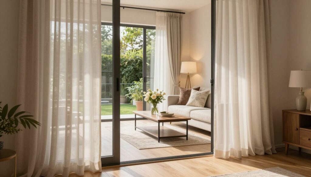 A beautifully arranged room with a large, elegant sliding glass door leading to a terrace. In the foreground, soft, sheer curtains frame the window, allowing warm, natural light to filter through, creating a cozy and inviting atmosphere. The curtains are in a neutral tone, complementing the light wooden flooring and tasteful decor. In the middle ground, a stylish sofa adorned with decorative pillows provides a comfortable seating area, while a small coffee table holds a vase of fresh flowers. The background features greenery visible outside the window, enhancing a connection with nature. Soft, diffused lighting from lamps adds a warm ambiance to the scene. The angle should capture both the interior and the outdoor views simultaneously, showcasing a harmonious blend of comfort and elegance in home design.