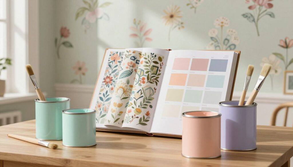 A beautifully arranged scene focusing on various wallpaper paints displayed in elegant containers. In the foreground, a selection of paint cans in soft pastel colors, such as mint green, peach, and pale lavender, are positioned on a wooden table adorned with paintbrushes. The middle ground features a wallpaper sample book, open to vibrant patterns like florals and geometric designs, inviting viewers to explore color combinations. In the background, a softly lit room with a well-decorated wall showcasing a freshly painted wallpaper, highlighting the finished look. The natural light from a nearby window casts gentle shadows, creating a warm, inviting atmosphere perfect for home decoration inspiration. The overall mood conveys creativity and elegance, ideal for choosing the right wallpaper paint.