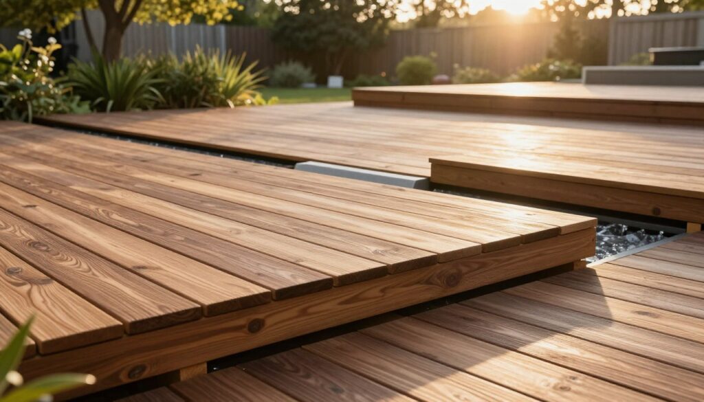 A beautifully arranged wooden patio deck showcasing different angles of installation methods, emphasizing both longitudinal and transverse layouts. The foreground features well-oiled, richly grained timber planks meticulously laid on a sturdy substructure, highlighting their durable texture. In the middle ground, water drainage solutions such as channels seamlessly integrated between the planks capture attention, illustrating effective water management. The background presents a serene outdoor setting with lush greenery and a soft, golden sunlight filtering through the trees, creating a warm and inviting atmosphere. The scene is shot from a slightly elevated angle for a clear view of the deck and its surroundings, enhancing the visual perspective. The overall mood is tranquil and professional, reflecting the technical aspects of patio construction. A beautifully arranged wooden patio deck showcasing different angles of installation methods, emphasizing both longitudinal and transverse layouts. The foreground features well-oiled, richly grained timber planks meticulously laid on a sturdy substructure, highlighting their durable texture. In the middle ground, water drainage solutions such as channels seamlessly integrated between the planks capture attention, illustrating effective water management. The background presents a serene outdoor setting with lush greenery and a soft, golden sunlight filtering through the trees, creating a warm and inviting atmosphere. The scene is shot from a slightly elevated angle for a clear view of the deck and its surroundings, enhancing the visual perspective. The overall mood is tranquil and professional, reflecting the technical aspects of patio construction.