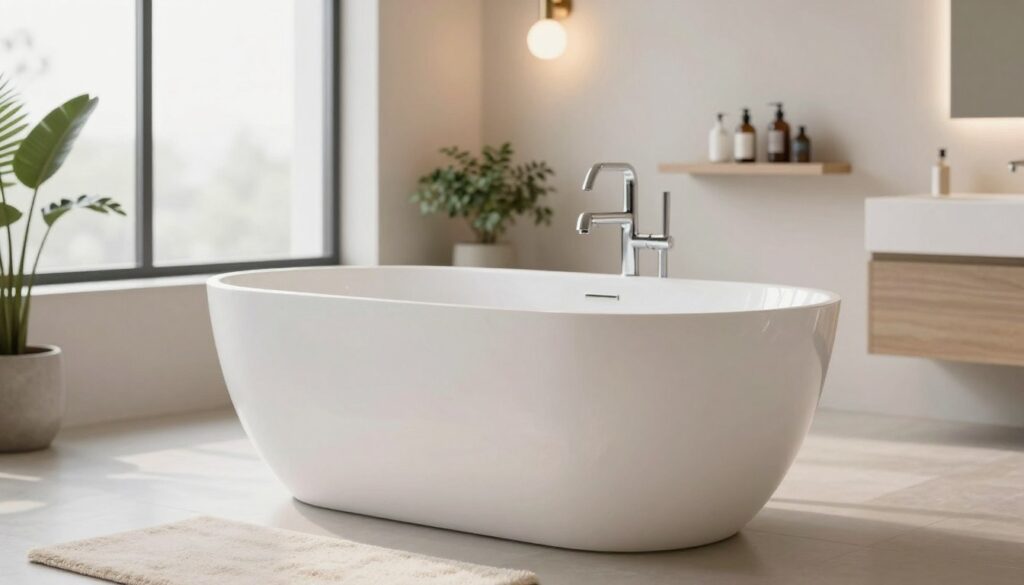 A beautifully crafted acrylic bathtub in a modern bathroom setting, showcasing its sleek, smooth lines and glossy finish. In the foreground, the bathtub is elegantly positioned with a soft, inviting bath mat beside it. The middle of the image features a stylishly designed bathroom with minimalist decor, subtle lighting from sconces casting a warm glow, and a large window allowing natural light to fill the space. In the background, there are complementary elements like potted plants and floating shelves with neatly organized bath essentials. The atmosphere is calm and serene, perfect for illustrating durability and aesthetic appeal of acrylic materials. The color palette is soft and neutral, enhancing the modern elegance of the scene.