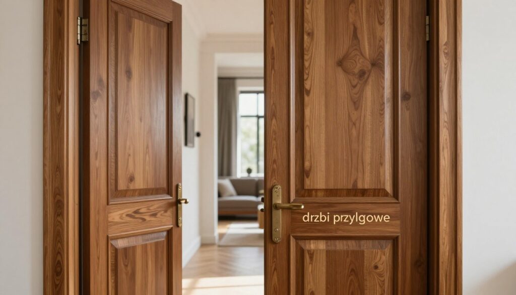 A beautifully crafted pair of classic interior doors with a hinge design, known as "drzwi przylgowe," set against an elegantly styled room. The foreground features the doors, showcasing their rich wooden texture and intricate details, with soft lighting highlighting the natural grain. In the middle, a stylish hallway can be seen, adorned with minimalist decor that complements the doors, creating a harmonious blend of modern and traditional aesthetics. The background features a subtle, blurred glimpse of a tastefully designed living area, providing context without distraction. The overall mood is warm and inviting, with natural light streaming in through a nearby window, enhancing the richness of the wood. The angle captures the doors slightly ajar, inviting curiosity while emphasizing their classic craftsmanship.