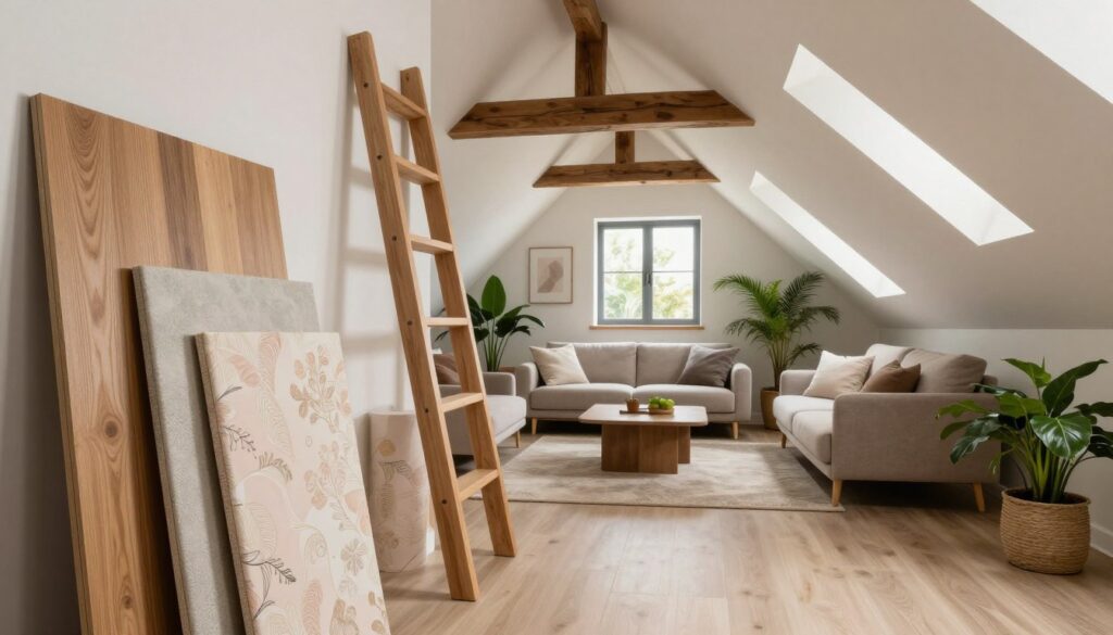 A beautifully designed attic interior showcasing various materials for finishing sloped ceilings, emphasizing warmth, elegance, and modern aesthetics. In the foreground, display samples of textured wood panels, soft pastel wallpaper, and plush fabrics, with a stylish ladder leaning against the wall. In the middle, a carefully arranged seating area featuring contemporary furniture in neutral tones, flanked by lush indoor plants. The background reveals an open window with natural light streaming in, highlighting the intricate beam structure and a cozy atmosphere. The overall mood is inviting and functional, capturing a balance between beauty and practicality, perfect for a modern living space.