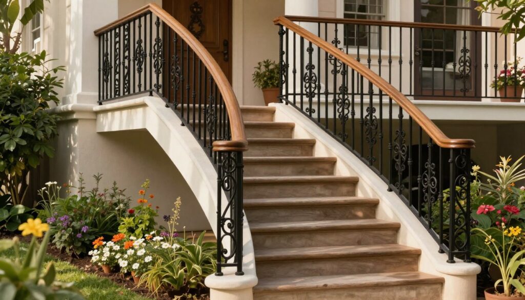 A beautifully designed external staircase featuring sturdy and elegant balustrades, set against a charming residential backdrop. In the foreground, the balustrades are crafted from a combination of wrought iron and wood, showcasing intricate detailing and a harmonious color palette. The middle section captures the staircase, with its gentle curves and robust treads, leading up to a welcoming entrance. The surrounding area is adorned with lush greenery and vibrant flowers, enhancing the aesthetic appeal. Soft, warm daylight filters through, creating inviting shadows and highlights on the surfaces. The angle is slightly elevated, offering a comprehensive view of the entire staircase and balustrade combination. The atmosphere is serene and inviting, emphasizing the importance of safety, durability, and aesthetics in outdoor architecture.
