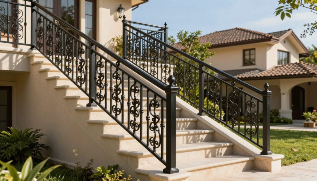 A beautifully designed external staircase with a sturdy and elegant balustrade. The balustrade features intricately detailed wrought iron patterns, providing both safety and aesthetic appeal. In the foreground, the balustrade is highlighted, showcasing its craftsmanship and how it complements the stone steps. The middle ground reveals the staircase leading up to a charming home with a warm facade surrounded by lush greenery. In the background, a clear blue sky enhances the inviting atmosphere. Soft, natural sunlight illuminates the scene, casting subtle shadows that emphasize the structure's details. The overall mood is one of elegance and safety, reflecting the ideal choice for a home’s external stairs.