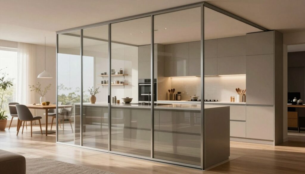 A beautifully designed modern kitchen featuring elegant glass partitions that replace traditional doors. In the foreground, the glass partition showcases a seamless, transparent design with sleek metal accents, reflecting light in a contemporary space. The middle ground includes a cozy dining area, with stylish furniture, minimalistic decor, and soft natural lighting filtering through the glass. The background reveals additional kitchen elements, such as organized shelves and culinary tools, maintaining an open, airy feel. The atmosphere is warm and inviting, with a harmonious blend of functionality and aesthetics. Captured with a wide-angle lens to emphasize the spaciousness, enhancing the interplay of light and reflections while maintaining a professional ambiance.
