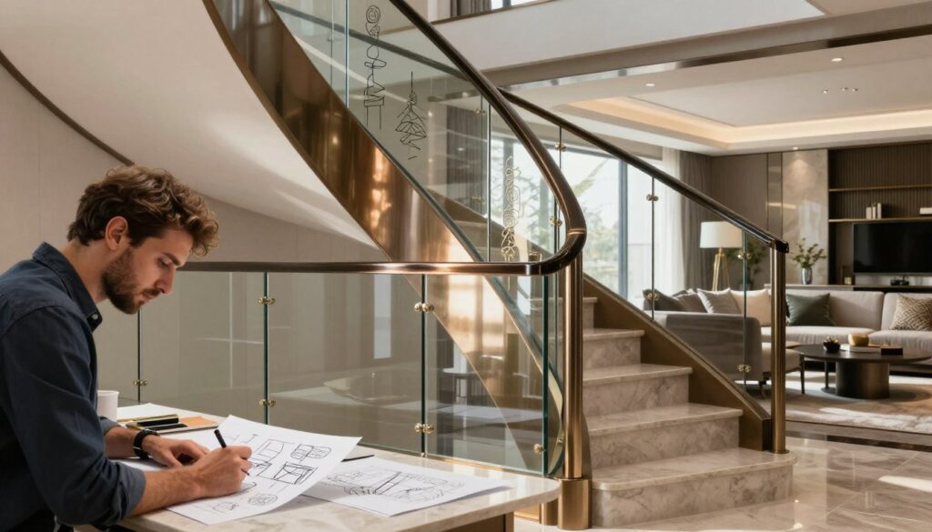 A beautifully designed modern staircase featuring a custom-made balustrade, showcasing intricate patterns and personalization options. In the foreground, a professional designer sketches ideas for the balustrade, dressed in smart casual attire. The middle ground highlights the elegant curved balustrade made of glass and metal, seamlessly integrated with the staircase. Soft, natural lighting filters through a nearby window, casting warm reflections on the balustrade's surface. In the background, a stylish living room with contemporary decor can be seen, emphasizing the enhanced aesthetic appeal of the home. The overall mood is one of sophistication and creativity, illustrating the importance of personalized design in increasing property value.