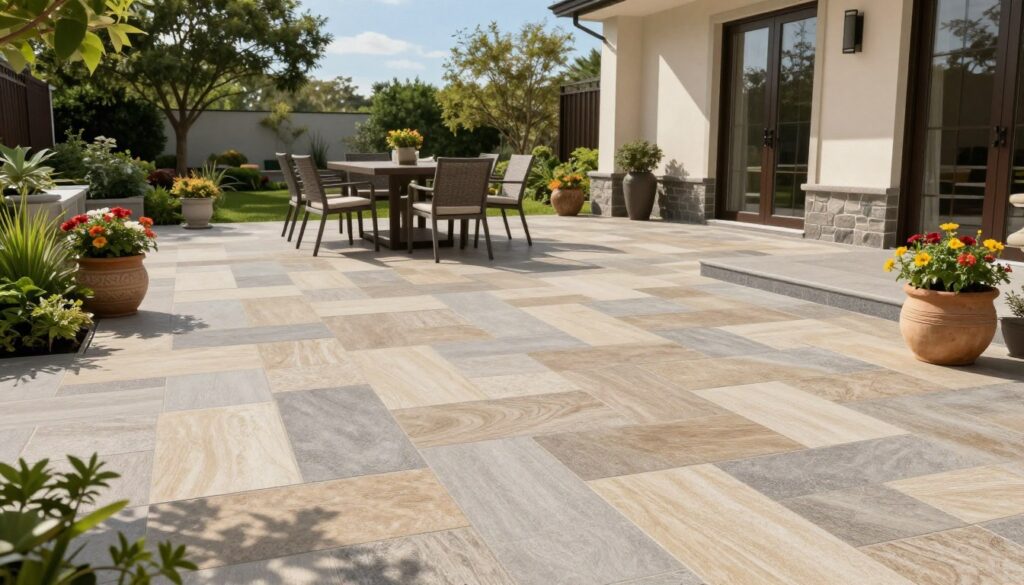 A beautifully designed outdoor terrace featuring sleek, modern gres and ceramic tiles in an array of natural tones like beige, gray, and earthy browns. The tiles are arranged in a sophisticated herringbone pattern that emphasizes durability and an anti-slip surface. In the foreground, lush greenery and decorative pots with vibrant flowers add color. The middle ground shows a stylish outdoor dining area, complete with elegant furniture set against the backdrop of the tiled terrace. The background features a serene garden scene with mature trees and a clear blue sky, creating a tranquil mood. Soft sunlight filters through, enhancing the textures of the tiles and the overall inviting atmosphere. Capture this image from a slightly elevated angle to showcase the tiling depth and aesthetics effectively.