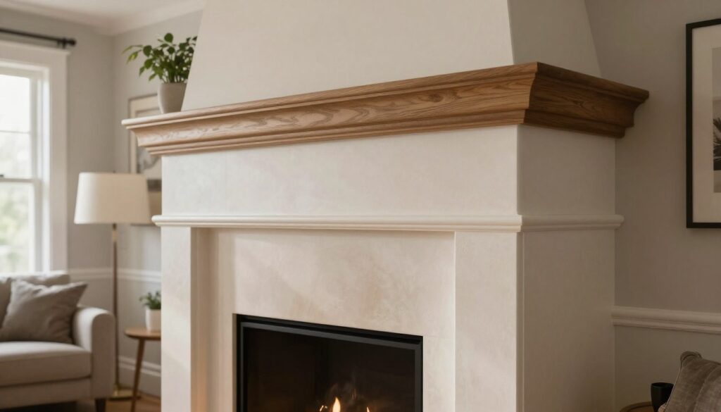 A beautifully finished chimney in a modern living room, showcasing an elegant design with smooth plaster and stylish wood or stone accents. In the foreground, highlight intricate details of the chimney surface, including decorative molding and a subtle sheen reflecting soft, warm lighting. The middle ground captures the cozy ambiance of the room, featuring comfortable furniture and a fireplace, softly illuminating the chimney. The background presents a hint of tasteful decor, such as artwork and potted plants, enhancing the aesthetic appeal. Use natural light streaming through a nearby window, creating a calm and inviting atmosphere. Opt for a slightly angled perspective to emphasize the chimney's height and artistry while maintaining a professional look. The overall mood is harmonious and sophisticated, reflecting safety and style.