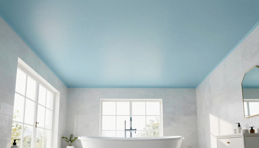 A beautifully organized and modern bathroom featuring a freshly painted ceiling in a soft, moisture-resistant color designed for humid environments. In the foreground, showcase a well-maintained, elegant freestanding bathtub surrounded by stylish bath accessories. The middle ground highlights the ceiling's finish, with a subtle sheen reflecting ambient light, emphasizing its smooth texture. The background includes tasteful wall tiles in a complementary shade and a large window allowing natural light to flood the space, casting gentle shadows. The overall atmosphere is serene and inviting, with a cool color palette of soft blues and whites, evoking a clean and refreshing ambiance essential for a bathroom designed to resist moisture and mold.