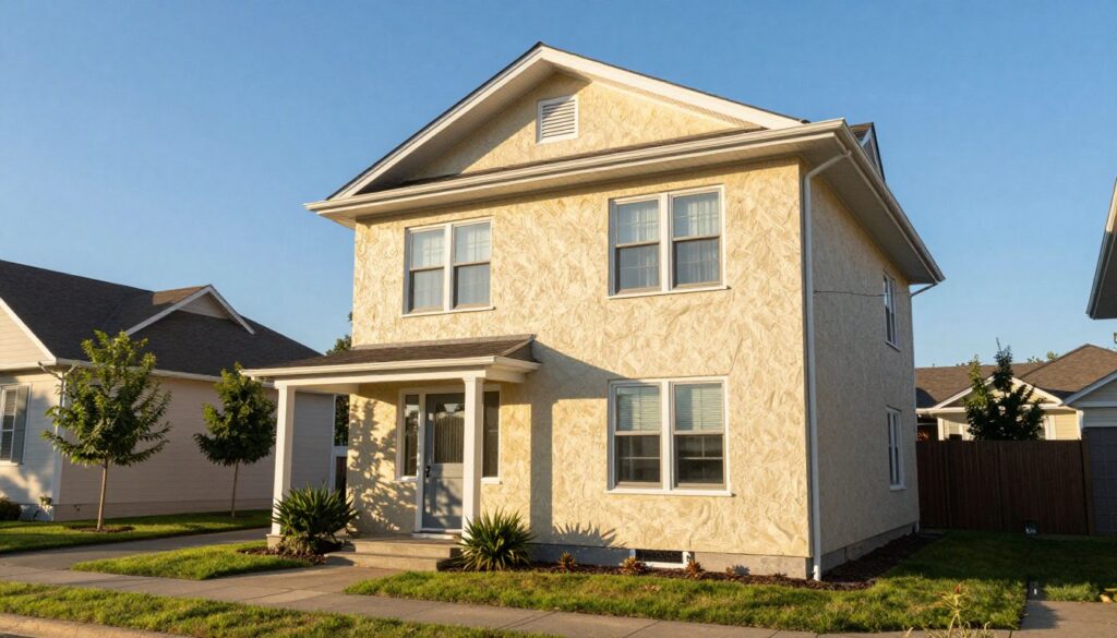 A beautifully refurbished old house stands prominently in the foreground, showcasing new thermal insulation on its walls. The middle ground features a peaceful suburban neighborhood with a clear, sunny sky casting warm, inviting light on the scene. Soft shadows highlight the textured surfaces of the house, emphasizing its modern additions while retaining its classic architectural charm. In the background, small trees provide a pop of greenery, symbolizing environmental sustainability. The mood is optimistic and vibrant, as if the house is ready to embrace a new, energy-efficient future. This scene should be captured from a slightly elevated angle to provide depth and perspective, while ensuring the composition remains free from any text or distractions.