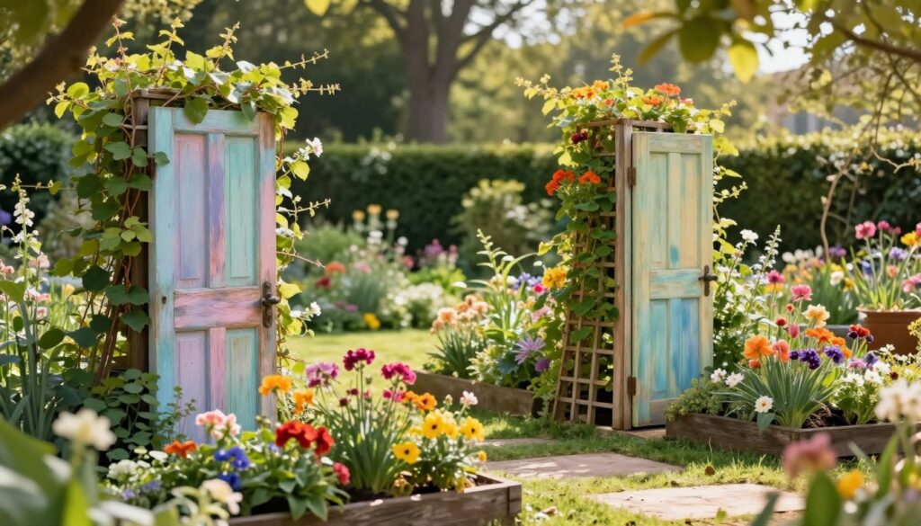 A beautifully transformed garden scene showcasing repurposed door wings as unique garden elements. In the foreground, vibrant flowers and climbing vines flourish around an old wooden door, painted in pastel shades, serving as a backdrop for a rustic flower bed. In the middle, another door wing stands upright, converted into a trellis adorned with colorful climbing plants. Sunlight filters through lush greenery, casting soft shadows, creating a warm, inviting atmosphere. The background features a serene garden landscape with soft-focus trees and a hint of a garden path winding through. The overall mood is tranquil and creative, inviting viewers to reimagine old doors as beautiful additions to outdoor spaces. Capture the scene from a low angle to emphasize the lushness of the garden while providing a slightly elevated view of the door elements.