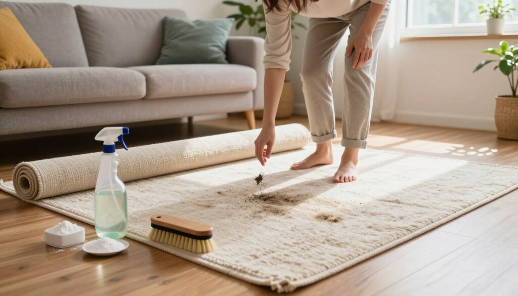 A bright and cozy living room setting, featuring a partially rolled-out rug on a wooden floor, with a person in modest casual clothing carefully inspecting the rug for dirt and stains. In the foreground, show cleaning supplies such as baking soda, a spray bottle filled with vinegar solution, and a brush neatly arranged next to the rug. In the middle ground, the person bends down, examining the fibers, with soft, natural light streaming in from a nearby window, casting gentle shadows. In the background, a well-maintained sofa adorned with colorful cushions and a few plants creates a homey atmosphere. The mood is calm and inviting, evoking a sense of preparation and care for the rug.