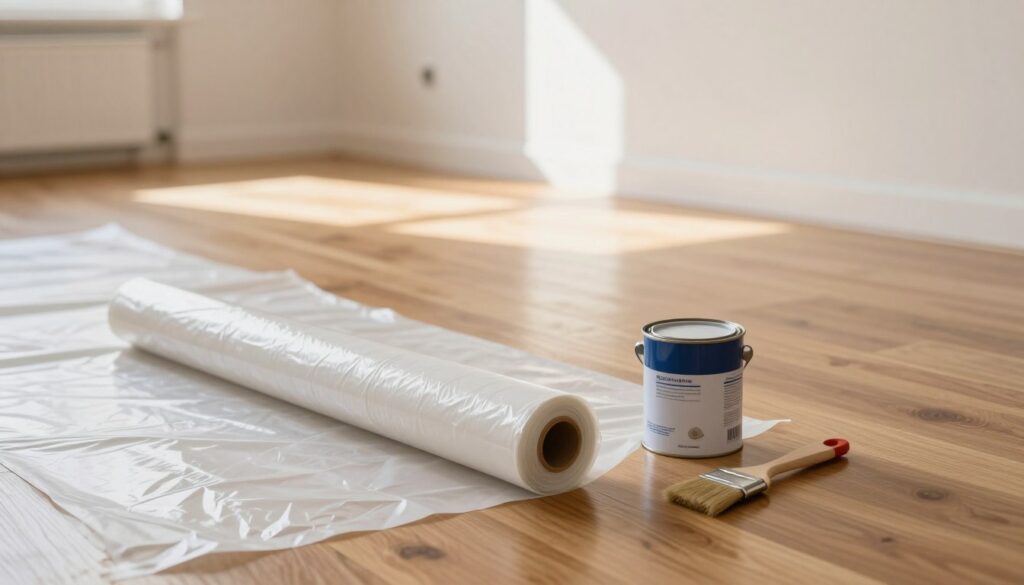 A brightly lit interior setting showcasing a freshly renovated wooden floor partially covered with protective sheeting. In the foreground, a roll of thick plastic sheeting unfurls next to a can of paint and a paintbrush, symbolizing preparation for wall painting. The middle ground features the gleaming, polished surface of the wooden floor, reflecting warm sunlight streaming through a window, casting soft, inviting shadows. In the background, a freshly painted wall in a soft, neutral tone adds to the serene and professional atmosphere. The mood conveys a sense of careful planning and protection, emphasizing the importance of safeguarding a newly refinished floor while undertaking painting tasks. The image should appear vivid, clean, and focused, with a shallow depth of field emphasizing the protective measures taken. A brightly lit interior setting showcasing a freshly renovated wooden floor partially covered with protective sheeting. In the foreground, a roll of thick plastic sheeting unfurls next to a can of paint and a paintbrush, symbolizing preparation for wall painting. The middle ground features the gleaming, polished surface of the wooden floor, reflecting warm sunlight streaming through a window, casting soft, inviting shadows. In the background, a freshly painted wall in a soft, neutral tone adds to the serene and professional atmosphere. The mood conveys a sense of careful planning and protection, emphasizing the importance of safeguarding a newly refinished floor while undertaking painting tasks. The image should appear vivid, clean, and focused, with a shallow depth of field emphasizing the protective measures taken.
