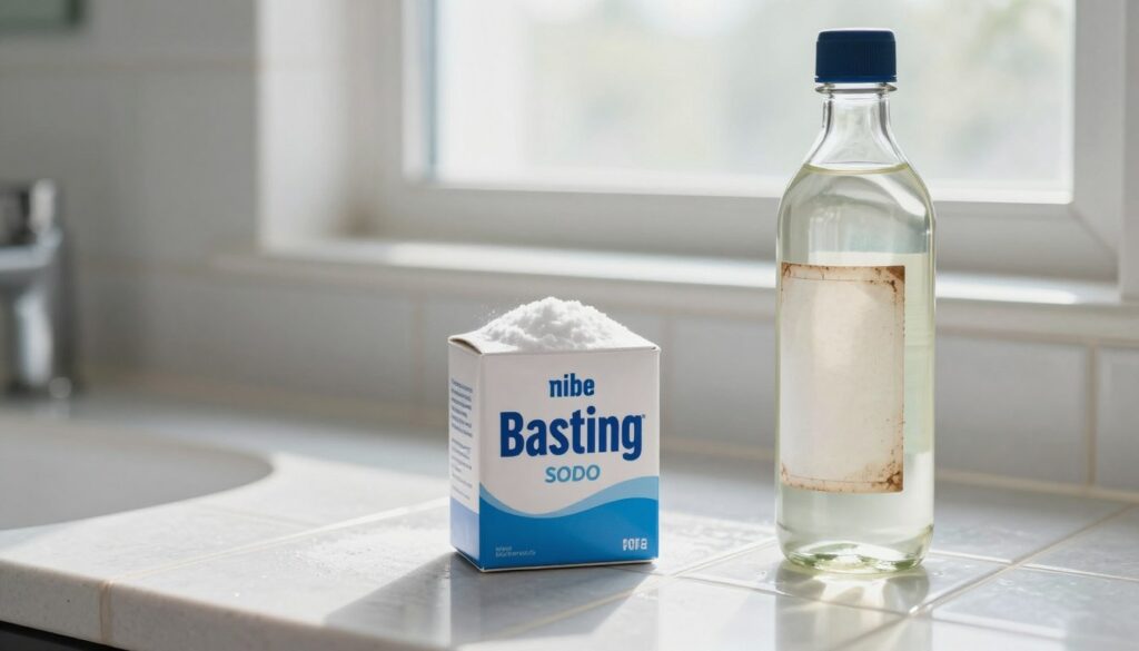 A clean and inviting bathroom scene focused on a countertop featuring a box of baking soda and a bottle of vinegar, both prominently displayed. The foreground showcases the baking soda box in vibrant white and blue, next to a clear glass bottle of vinegar with a rustic label. In the middle ground, a sparkling ceramic tile shows freshly cleaned grout, highlighting the effectiveness of these cleaning agents. The background depicts soft, diffused natural light coming through a frosted window, casting gentle shadows and creating a fresh atmosphere. The overall mood conveys cleanliness and simplicity, emphasizing a natural approach to cleaning that restores grout to its original bright color.