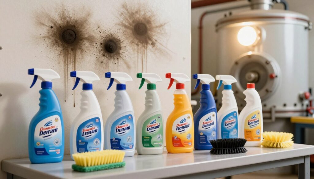A clean and organized boiler room, showcasing a variety of professional cleaning products specifically designed for combating tough grime and soot stains. In the foreground, feature neatly arranged bottles with vibrant labels, including degreasers, industrial cleaners, and specialty brushes, all atop a sturdy workbench. In the middle ground, highlight a well-maintained wall with visible soot and grease stains, demonstrating the effectiveness of the products being portrayed. The background includes a bright, well-lit boiler, emphasizing a safe and efficient working environment. The scene should evoke a sense of professionalism and thoroughness, with warm lighting to create an inviting atmosphere. Use a slight overhead angle to capture the entire layout effectively. A clean and organized boiler room, showcasing a variety of professional cleaning products specifically designed for combating tough grime and soot stains. In the foreground, feature neatly arranged bottles with vibrant labels, including degreasers, industrial cleaners, and specialty brushes, all atop a sturdy workbench. In the middle ground, highlight a well-maintained wall with visible soot and grease stains, demonstrating the effectiveness of the products being portrayed. The background includes a bright, well-lit boiler, emphasizing a safe and efficient working environment. The scene should evoke a sense of professionalism and thoroughness, with warm lighting to create an inviting atmosphere. Use a slight overhead angle to capture the entire layout effectively.