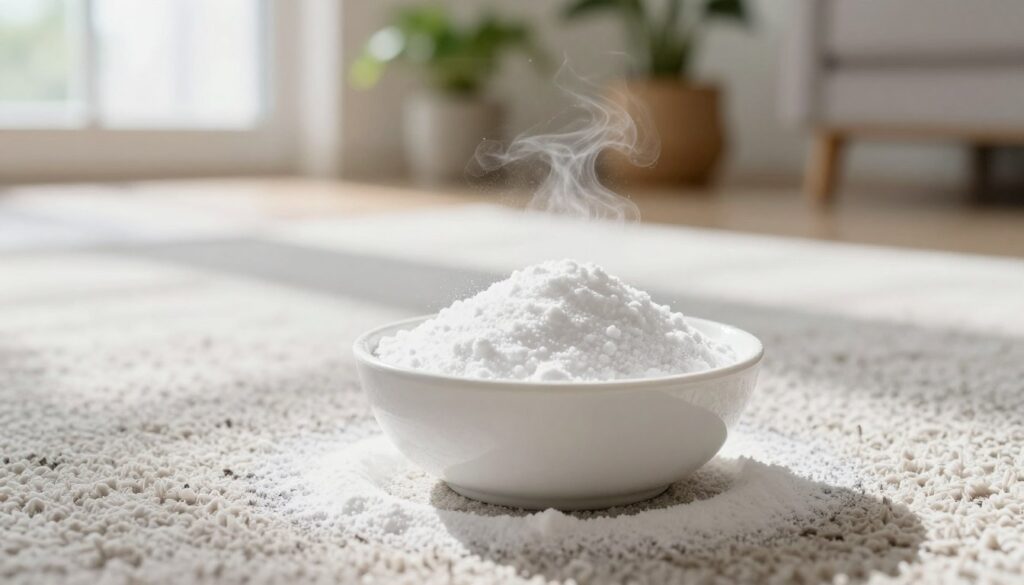 A clean, white bowl filled with sparkling baking soda sits prominently in the foreground, with a sprinkle of its powder delicately dusted around it. The middle ground features a close-up view of a freshly vacuumed carpet, showcasing its vibrant textures, with a subtle hint of freshness wafting through the air. In the background, there is a soft-focus image of an airy, sunlit room, decorated with potted plants, contributing to a soothing atmosphere. Natural light streams through a nearby window, casting gentle shadows and enhancing the clean, refreshing mood of the scene. The image captures the essence of natural cleaning and freshness, perfect for illustrating the effectiveness of baking soda in eliminating unpleasant odors.