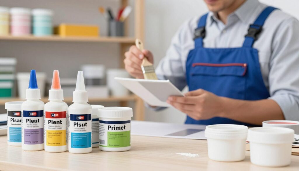 A clean workspace featuring a selection of adhesive primers and primers for surfaces, showcasing different types and textures. In the foreground, an assortment of well-labeled containers, varying in size, with labels indicating their specific adhesive properties. In the middle ground, a professional worker in business attire examining a sample surface with a paintbrush, preparing to apply a primer. The background displays a neatly organized shelf with paint samples and tools, under bright, diffused lighting that creates a cheerful and productive atmosphere. A close-up focus on the interaction between the worker and the primer enhances clarity and engagement, conveying a sense of expertise and preparation for a painting project.