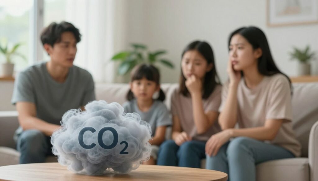 A clear, focused image representing carbon dioxide (CO2) indoors, showcasing its potential impact on human health. In the foreground, a transparent gas cloud symbolizing carbon dioxide, subtly colored grey and blue to indicate its presence. In the middle, a cozy living room setting with a family, dressed in modest casual clothing, displaying expressions of concern and awareness regarding air quality. Soft, natural light filters in from a window, creating a warm yet slightly tense atmosphere. The background features indoor plants, suggesting an attempt to improve air quality. Use a slightly blurred depth of field to emphasize the foreground and the family while keeping the room setting recognizable. The overall mood conveys caution and awareness about the health effects of carbon dioxide in home environments.