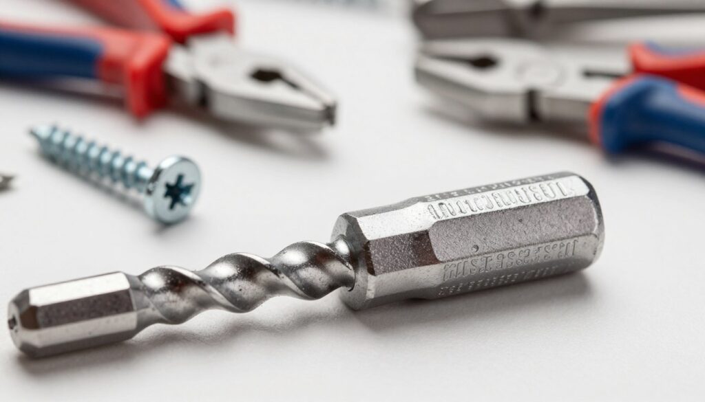 A close-up image focusing on a high-quality screw extractor tool, designed for removing broken screws. The extractor is prominently displayed in the foreground, showcasing its unique spiral design and durable metal finish. In the middle ground, a partially removed screw with a damaged head highlights the tool's purpose, while a well-lit workbench is in the background, featuring scattered tools like pliers and a wrench, creating a workshop atmosphere. The lighting should be bright and clear, emphasizing the metallic textures and details. The overall mood should convey a sense of determination and problem-solving in a professional environment, suitable for illustrating a guide on using screw extractors for broken screws.