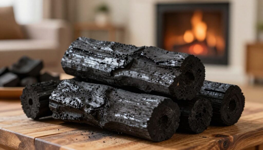 A close-up image of charcoal briquettes (węgiel drzewny) stacked neatly on a wooden surface, showcasing their unique texture and dark, porous surface. The foreground features the charcoal pieces, with rich details capturing the glimmering surfaces and rough edges. In the middle ground, a small pile of splintered wood evokes the connection between charcoal and its natural source. The background softly fades into a blurred image of a cozy, warmly lit living room with a fireplace, suggesting a sense of comfort and warmth. The lighting is soft and natural, reminiscent of early morning light, creating a calm and inviting atmosphere. The composition is shot from a slightly elevated angle to emphasize the texture of the charcoal while providing a warm and homely feel.