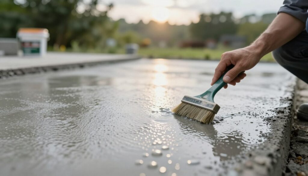 A close-up of a fresh concrete surface being treated with a penetrating water-repellent sealant. In the foreground, a professional contractor is carefully applying the impregnation product with a brush, showing textured details of the wet method. The middle ground features a smooth, slightly wet concrete slab with droplets visibly beading on its surface, highlighting the effective barrier against water penetration. The background includes a serene outdoor scene with greenery and soft, diffused sunlight filtering through clouds, creating a calm atmosphere. Use a shallow depth of field to focus on the sealant application while the background remains softly blurred. The overall mood is one of professionalism and care in protecting outdoor concrete structures.