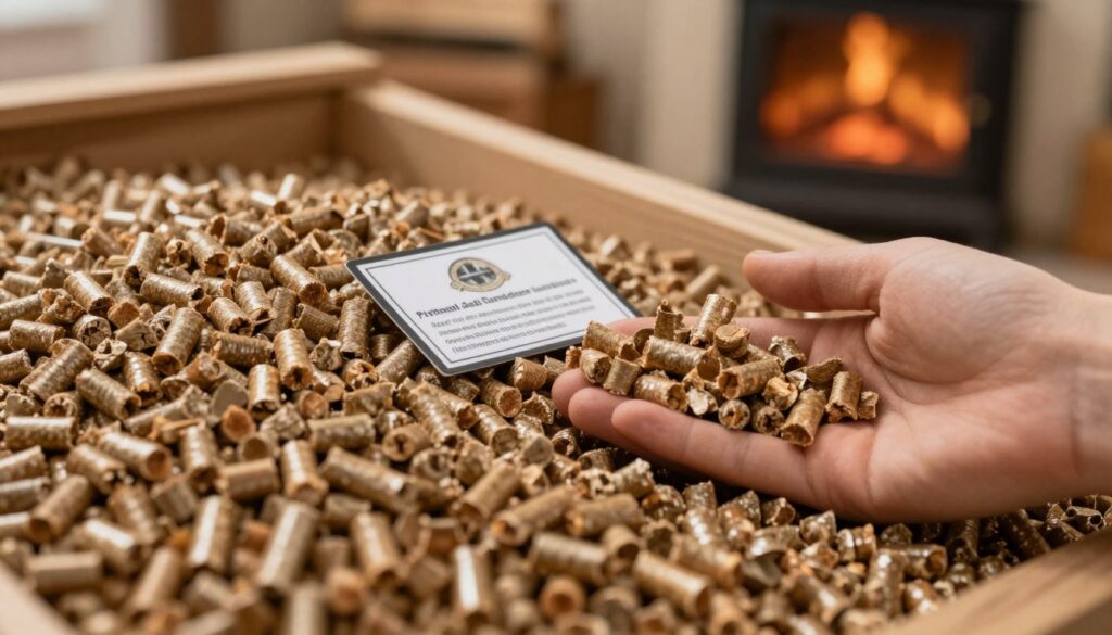 A close-up of high-quality wood pellets neatly stacked in a rustic storage area, displaying their natural, warm tones of brown and tan. In the foreground, a hand gently inspects the pellets, emphasizing their texture and quality. The middle ground features a visible certification label, symbolizing the importance of standards in pellet production. The background is softly blurred, revealing a cozy home setting with a stove or fireplace, hinting at the warmth and comfort that high-quality pellets provide. The lighting is warm and inviting, creating an atmosphere of safety and reliability, as if one could feel the heat emanating from the wood stove. The angle is slightly overhead, providing a comprehensive view while maintaining a focus on the pellets and certification label.
