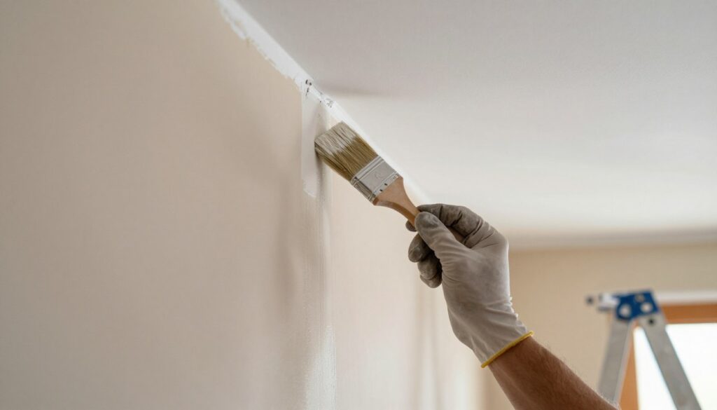 A close-up scene depicting a professional painter using an angled brush to paint along the junction between a wall and a ceiling. The foreground features a well-defined angled brush, with paint dripping slightly, showcasing its details. The middle section focuses on the painter's hand, wearing a modest glove, in the action of carefully applying a smooth line of paint where the neutral-colored wall meets the white ceiling. The background shows a softly lit room with warm tones, emphasizing the meticulous process of achieving a crisp edge. A ladder or paint bucket may be faintly visible, adding context. The overall atmosphere is calm and focused, highlighting the precision and skill involved in this painting technique.