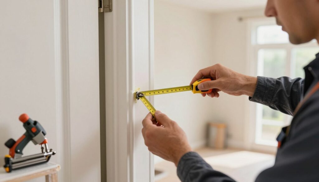 A close-up scene depicting the careful installation of decorative casing strips around an interior door frame. In the foreground, show a professional tradesperson, dressed in smart casual work attire, using a measuring tape and precise tools like a miter saw and a nail gun. In the middle ground, highlight the clean lines of the freshly painted wall and door frame, showcasing the smooth transition where the casing meets the surfaces. In the background, soft natural light illuminates the interior space, enhancing the warm, inviting atmosphere. The focus is on the meticulous craftsmanship involved in applying the casing strips, emphasizing both functionality and aesthetic appeal. The image conveys a sense of professionalism, attention to detail, and the beauty of well-finished interiors.