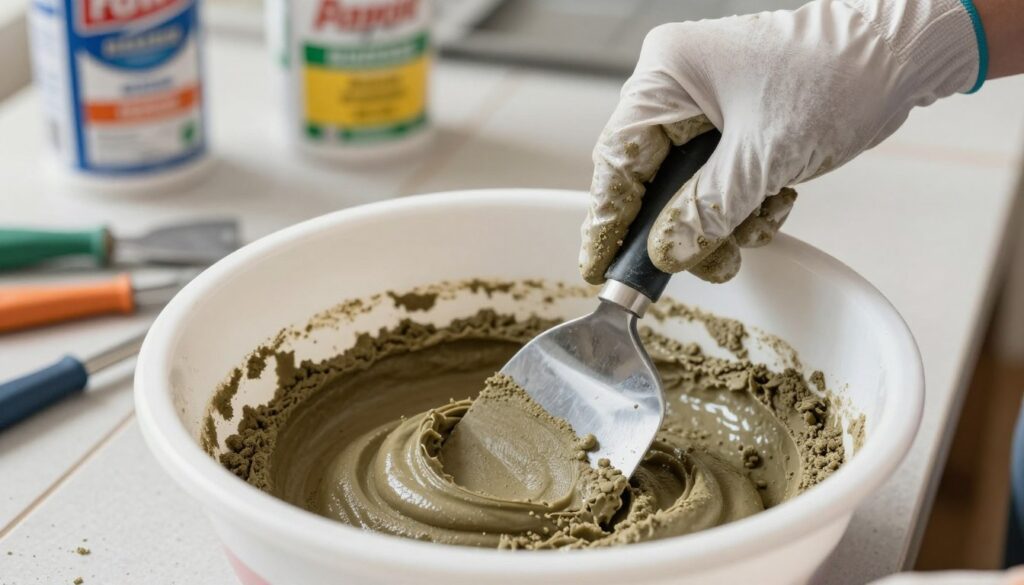 A close-up scene showcasing the process of mixing grout for tiling applications. In the foreground, a clean mixing bowl filled with a partially mixed grout, showing a smooth yet thick consistency, with a sturdy trowel partially submerged in it. The middle layer features a pair of hands wearing protective gloves skillfully blending the mixture, showcasing technique and attention to detail. In the background, a workbench cluttered with tiling tools and boxes of grout, softly blurred to contextualize the setting. The lighting is bright yet soft, resembling natural daylight, highlighting the textures of the grout and tools, creating a focused, educational atmosphere suitable for DIY enthusiasts.
