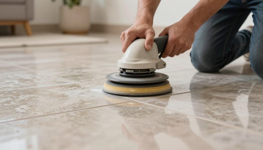 A close-up scene showcasing the process of polishing old floor tiles, highlighting the transformation from dull to shiny surfaces. In the foreground, a person in professional attire is using a floor polishing machine, with focus on their hands and the machine's rotating pad glistening with polish. The middle ground features a section of the tiled floor, with before-and-after visual contrast between the worn, matte tiles and the gleaming, refreshed ones. In the background, there are subtle hints of a home environment, like soft lighting and decorative elements in neutral colors, creating a warm and inviting atmosphere. The overall mood is one of rejuvenation and care, emphasizing the effectiveness of tile polishing techniques without major renovations.