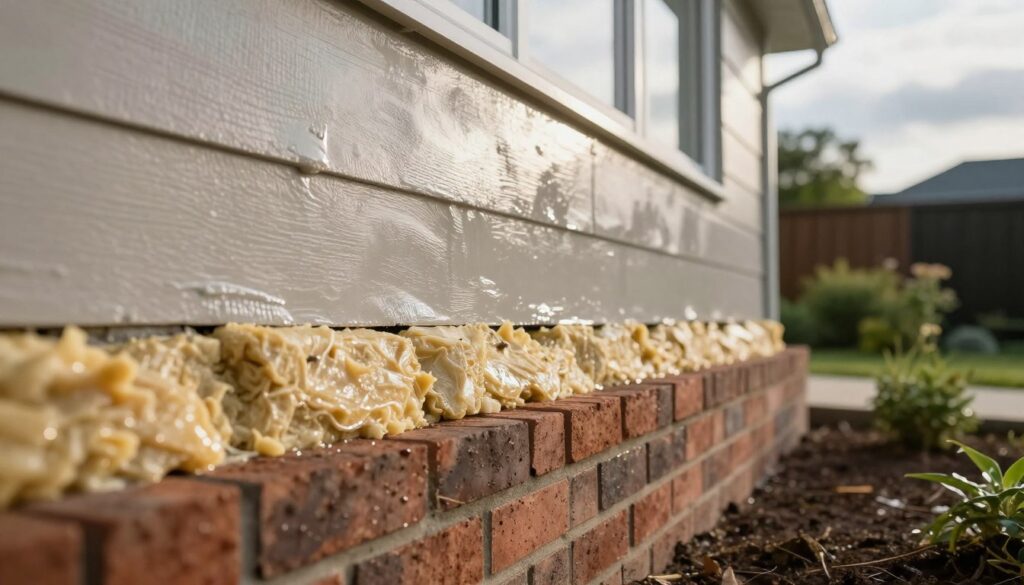 A close-up view of a brick foundation wall, showcasing the newly insulated base of an old house. The foreground features clear, textured details of the insulation material applied along the foundation, with a slightly damp appearance to convey humidity management. In the middle ground, the wall's surface is visible, highlighting a smooth, water-resistant finish that reflects modern home improvement techniques. The background includes a well-maintained garden, with greenery slightly blurred to emphasize the foundation work. Soft, natural sunlight filters through clouds, creating a warm and inviting atmosphere. The angle should be slightly low, giving prominence to the foundation while capturing the overall context of the home.
