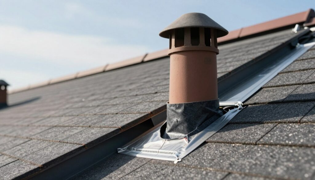A close-up view of a chimney connection within a roof structure, showcasing the meticulous sealing details vital for preventing heat loss and condensation. In the foreground, focus on the junction where the chimney meets the roof, highlighting the use of high-quality insulation materials and professional sealing techniques. The middle ground features a well-constructed roof, with shingles and flashing that emphasize durability. In the background, slightly blurred, include a soft blue sky to suggest a well-ventilated attic environment. Bright, natural light cascades through the space, creating a clean and professional atmosphere. The angle provides a slightly elevated perspective, enhancing the technical aspects of the sealing process, ideal for conveying the idea of efficiency and protection.