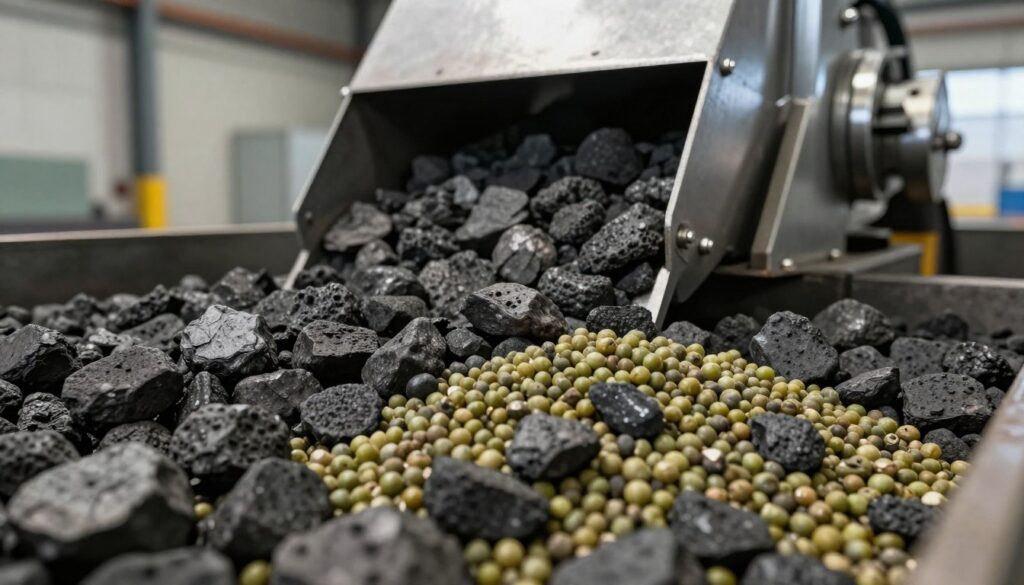 A close-up view of a coal feeder for a boiler, showcasing the distinct shapes and sizes of different coal granulations. In the foreground, focus on a vibrant mixture of eco-pea coal and traditional pea coal, emphasizing their texture and granule sizes. The middle ground should feature the coal feeder mechanism, with moving parts and a sleek design, exhibited under soft, natural lighting to highlight the metallic surfaces. In the background, a blurred industrial setting, perhaps a boiler room, gives context without distraction. The atmosphere is professional and functional, creating an informative vibe that illustrates the technical aspects of coal feed granulation and its impact on boiler efficiency. Use a wide-angle lens effect to capture the scene comprehensively, ensuring clarity and detail throughout. A close-up view of a coal feeder for a boiler, showcasing the distinct shapes and sizes of different coal granulations. In the foreground, focus on a vibrant mixture of eco-pea coal and traditional pea coal, emphasizing their texture and granule sizes. The middle ground should feature the coal feeder mechanism, with moving parts and a sleek design, exhibited under soft, natural lighting to highlight the metallic surfaces. In the background, a blurred industrial setting, perhaps a boiler room, gives context without distraction. The atmosphere is professional and functional, creating an informative vibe that illustrates the technical aspects of coal feed granulation and its impact on boiler efficiency. Use a wide-angle lens effect to capture the scene comprehensively, ensuring clarity and detail throughout.